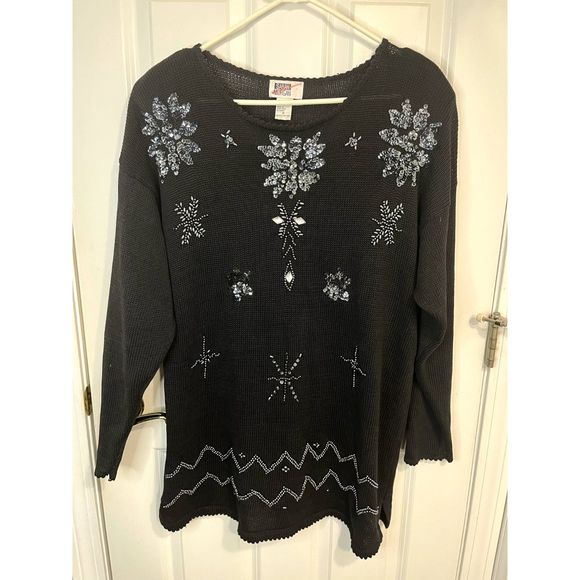 Vintage Sarah Morgan Embellished Ramie Blend Black Sweater Size Medium - Picture 1 of 4